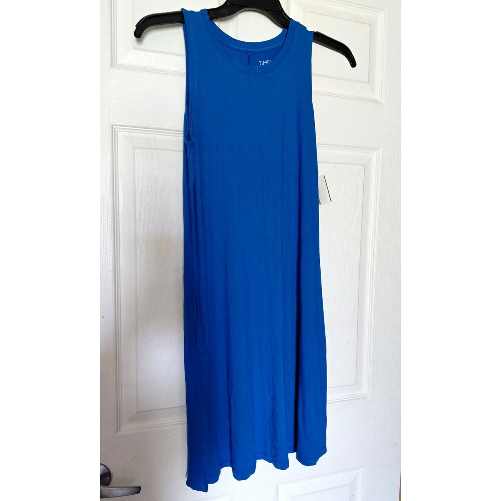 Time and Tru Women's Blue Solid Tank Midi Dress Pockets Round Neck M